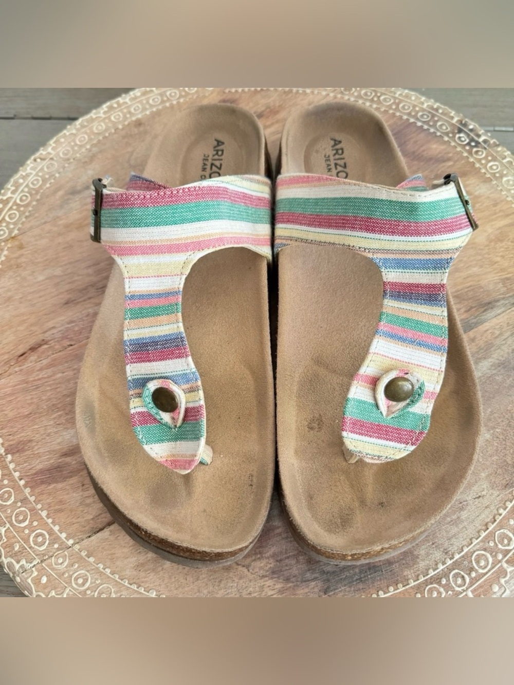Arizona Jean Co French T-Strap Cork Bed Multicolor Striped Sandals 8 M AZ